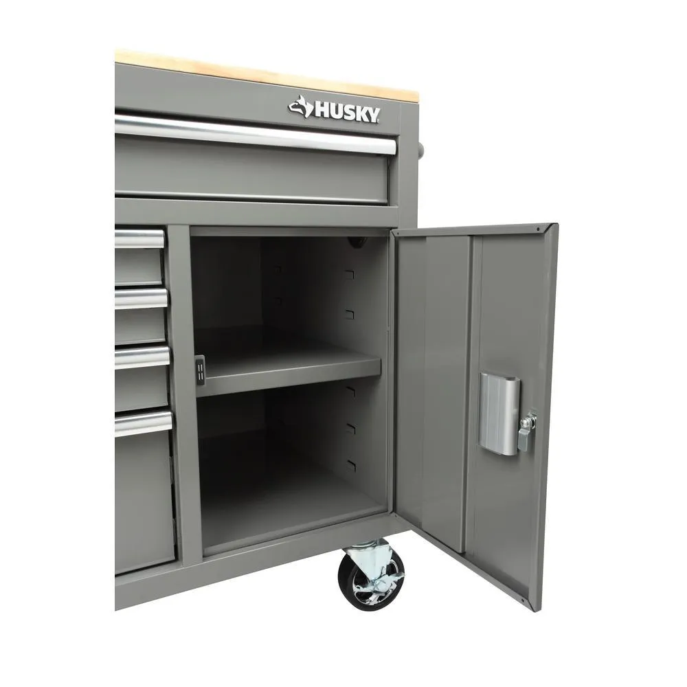 56 in. W x 24.5 in. D 5-Drawer 1-Door Tool Chest Mobile Workbench with Solid Wood Top in Matte Gray, photo 8 of 20