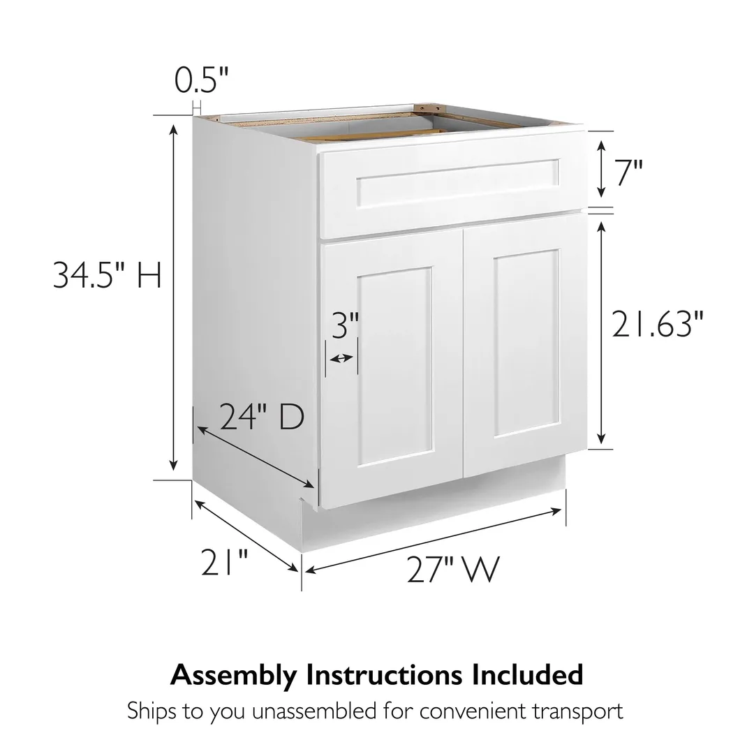 Design House Brookings 27-in W x 34.5-in H x 24-in D White Maple 1-Drawer Base Fully Assembled Plywood Cabinet (Recessed Panel Shaker Style), photo 3 of 20