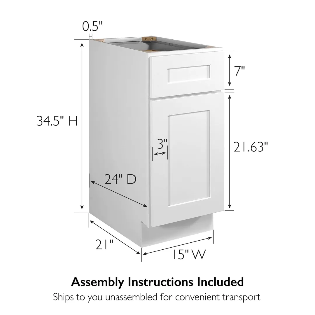 Design House Brookings 15-in W x 34.5-in H x 24-in D White Maple L-shaped 1-Drawer Base Fully Assembled Plywood Cabinet (Recessed Panel Shaker Style), photo 3 of 20