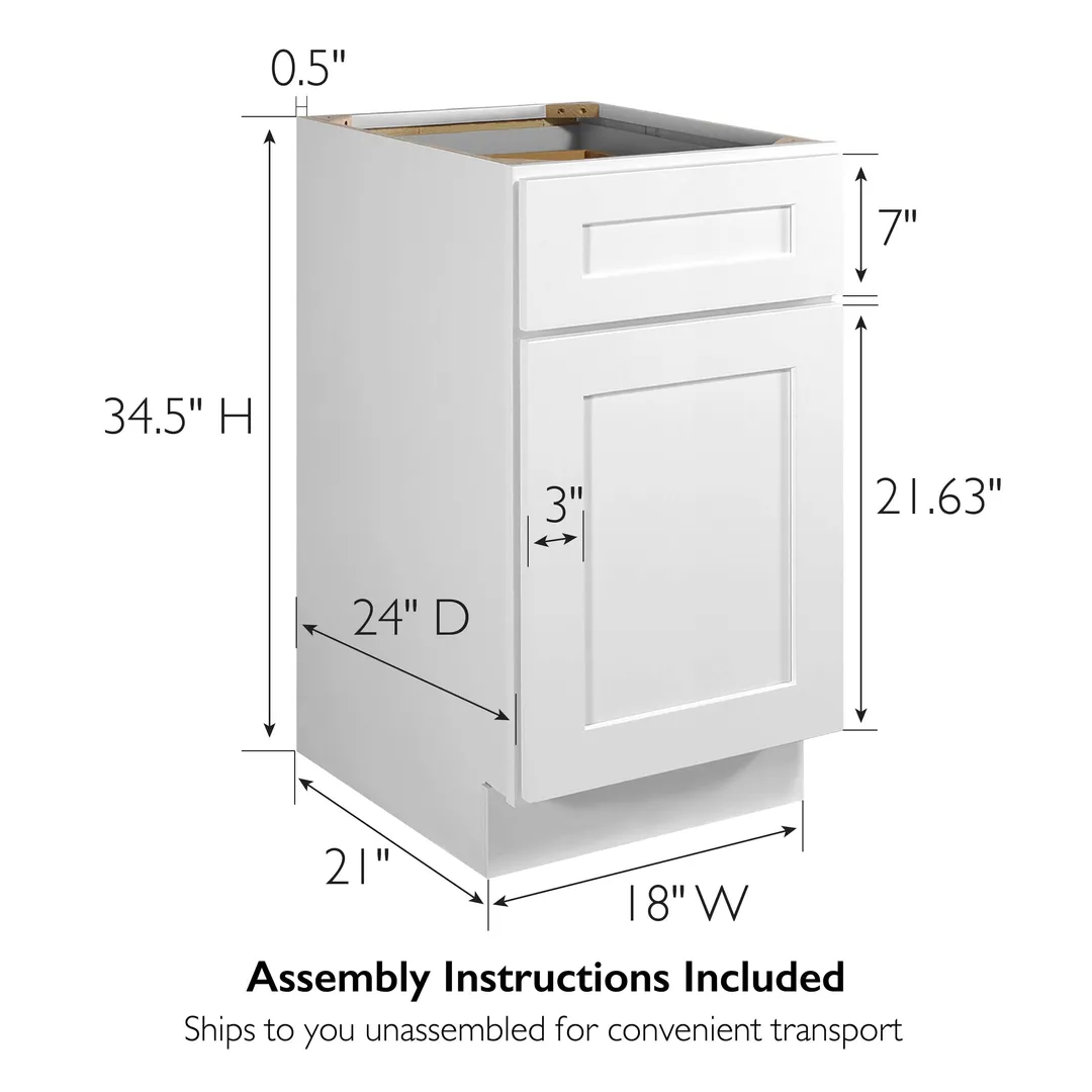 Design House Brookings 18-in W x 34.5-in H x 24-in D White Maple L-shaped 1-Drawer Base Fully Assembled Plywood Cabinet (Recessed Panel Shaker Style), photo 3 of 19