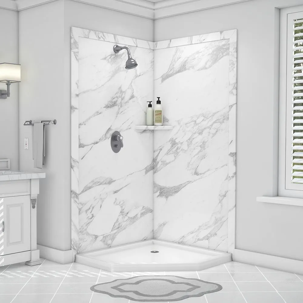 Splendor 40 in. x 40 in. x 80 in. 7-Piece Easy Up Adhesive Corner Shower Wall Surround in White, photo 14 of 24
