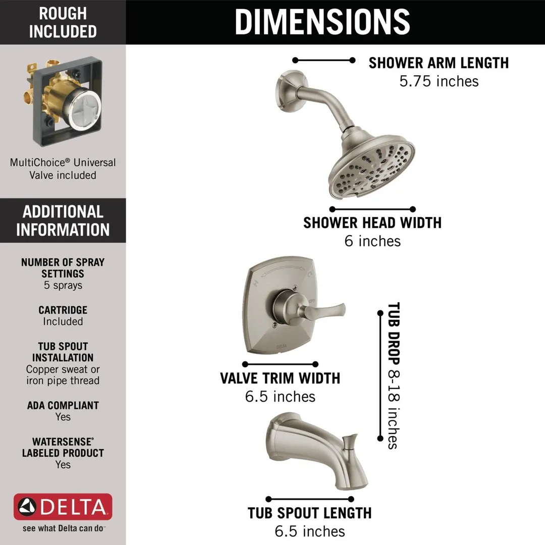Delta Sandover SpotShield Brushed Nickel 1-Handle Bathtub and Shower Faucet with Valve, 6-in Showerhead, photo 3 of 8