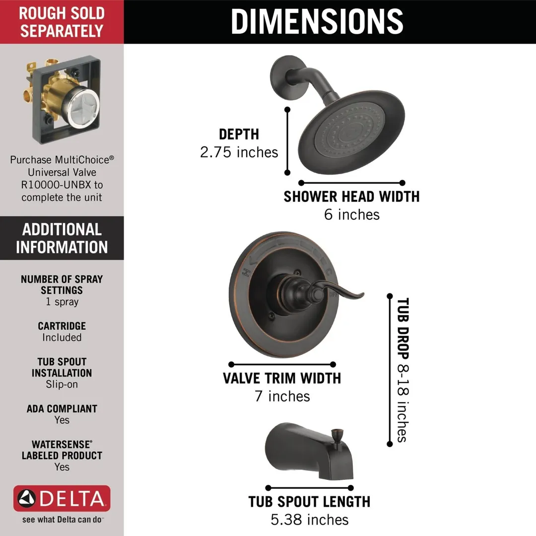Delta Windemere Oil-Rubbed Bronze 1-Handle Bathtub and Shower Faucet Trim Kit, 6-in Showerhead, photo 6 of 8