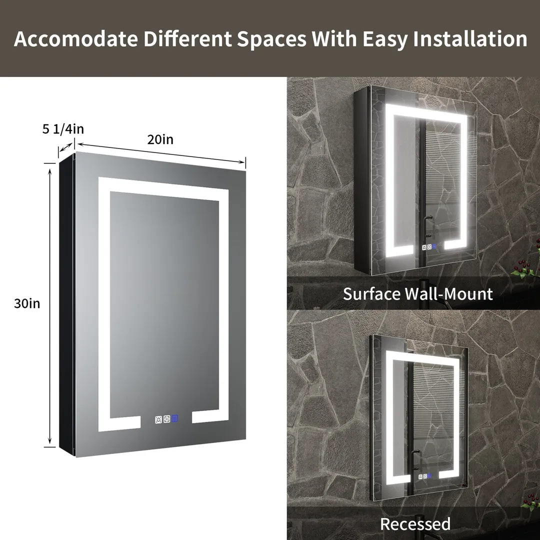 ExBrite 20-in x 30-in Lighted LED Fog Free Surface/Recessed Mount Matte Black Mirrored Soft Close Medicine Cabinet with Outlet, photo 2 of 9
