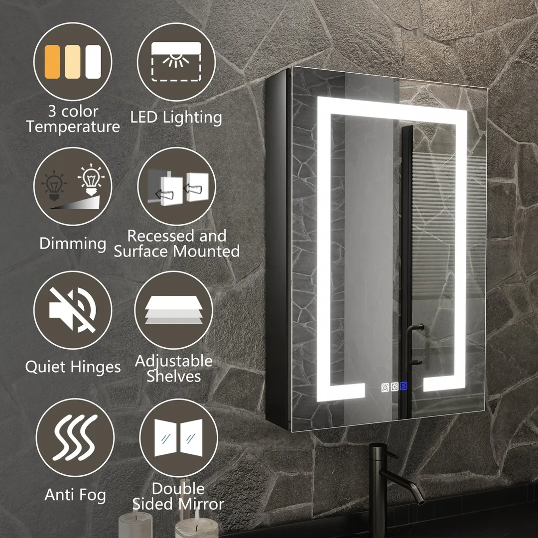 ExBrite 20-in x 30-in Lighted LED Fog Free Surface/Recessed Mount Matte Black Mirrored Soft Close Medicine Cabinet with Outlet, photo 3 of 9