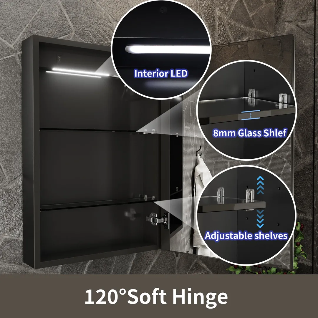 ExBrite 20-in x 30-in Lighted LED Fog Free Surface/Recessed Mount Matte Black Mirrored Soft Close Medicine Cabinet with Outlet, photo 7 of 9