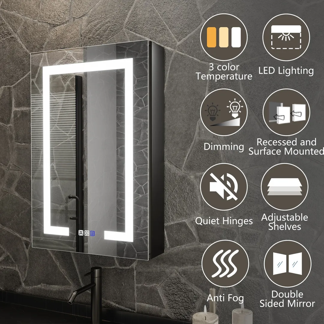 ExBrite 20-in x 30-in Lighted LED Fog Free Surface/Recessed Mount Matte Black Mirrored Soft Close Medicine Cabinet with Outlet, photo 3 of 9