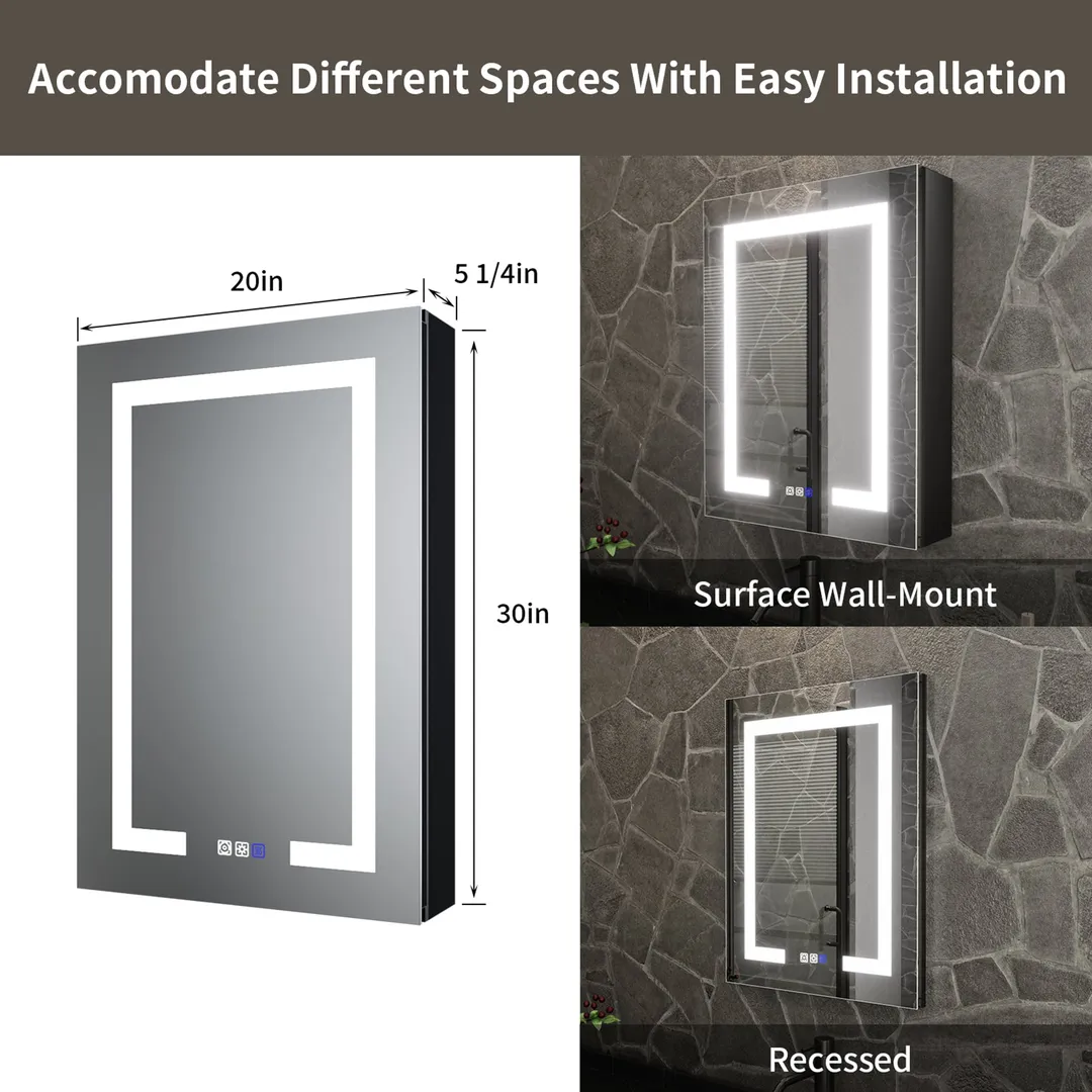 ExBrite 20-in x 30-in Lighted LED Fog Free Surface/Recessed Mount Matte Black Mirrored Soft Close Medicine Cabinet with Outlet, photo 2 of 9