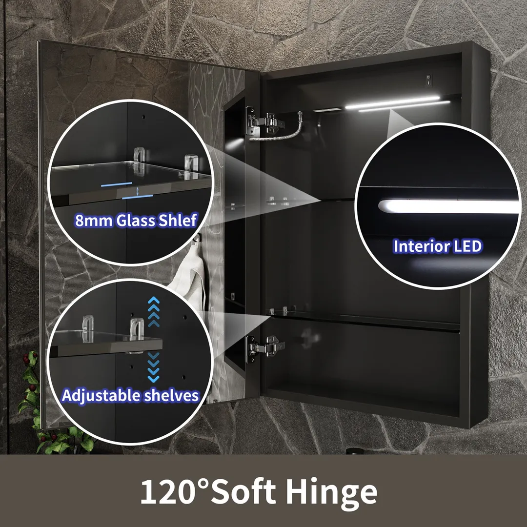 ExBrite 20-in x 30-in Lighted LED Fog Free Surface/Recessed Mount Matte Black Mirrored Soft Close Medicine Cabinet with Outlet, photo 7 of 9