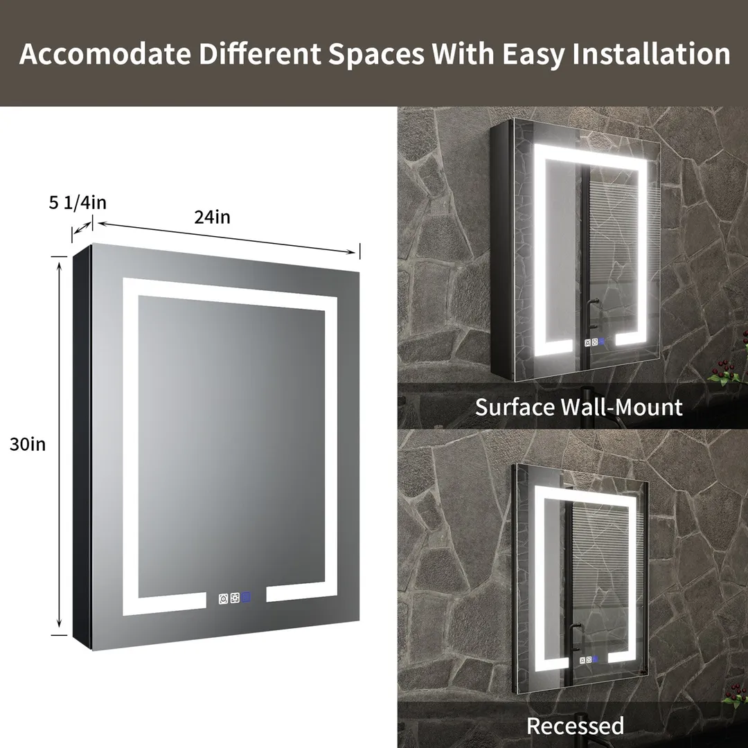 ExBrite 24-in x 30-in Lighted LED Fog Free Surface/Recessed Mount Matte Black Mirrored Soft Close Medicine Cabinet with Outlet, photo 2 of 9