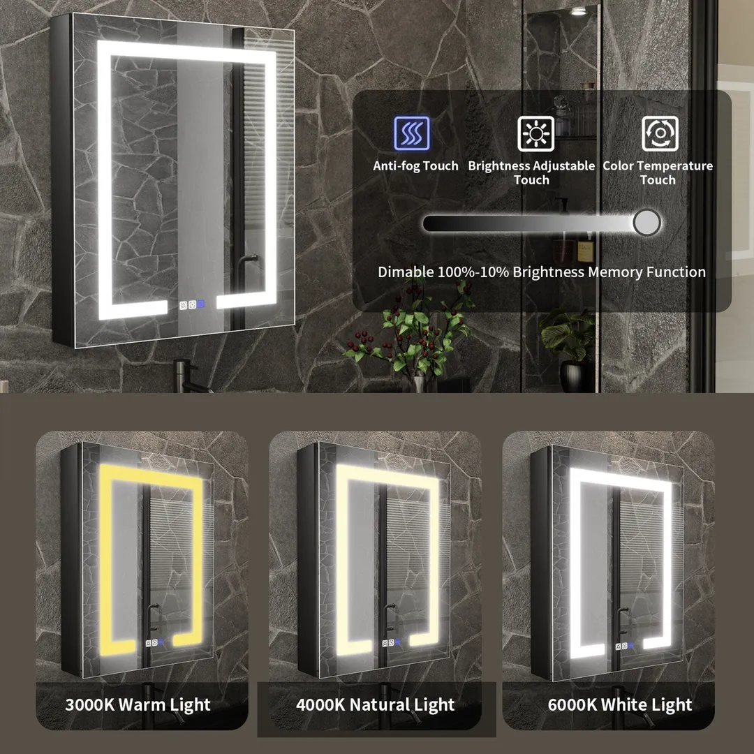 ExBrite 24-in x 30-in Lighted LED Fog Free Surface/Recessed Mount Matte Black Mirrored Soft Close Medicine Cabinet with Outlet, photo 4 of 9