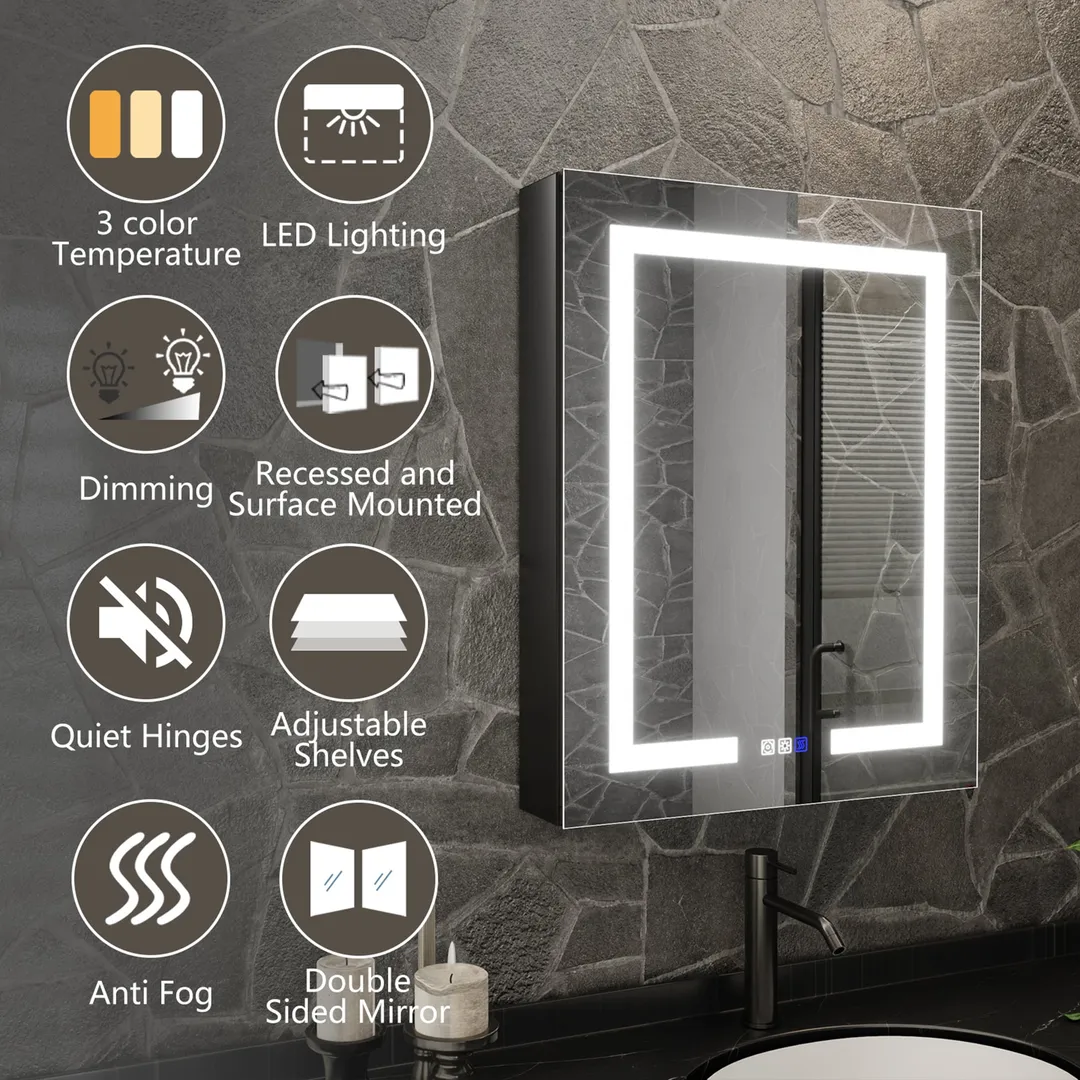 ExBrite 24-in x 30-in Lighted LED Fog Free Surface/Recessed Mount Matte Black Mirrored Soft Close Medicine Cabinet with Outlet, photo 3 of 9