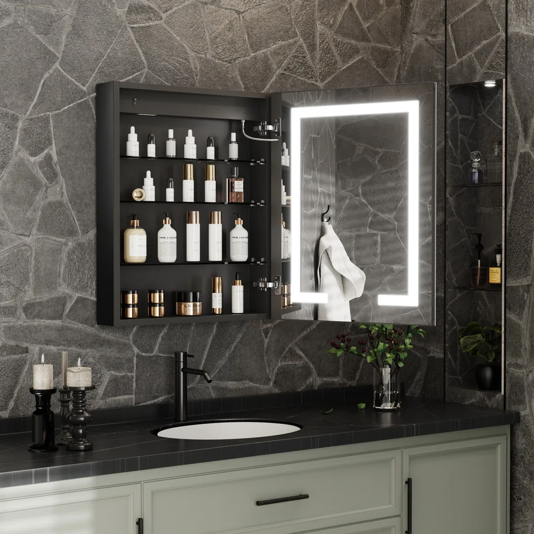 ExBrite 24-in x 30-in Lighted LED Fog Free Surface/Recessed Mount Matte Black Mirrored Soft Close Medicine Cabinet with Outlet, photo 6 of 9