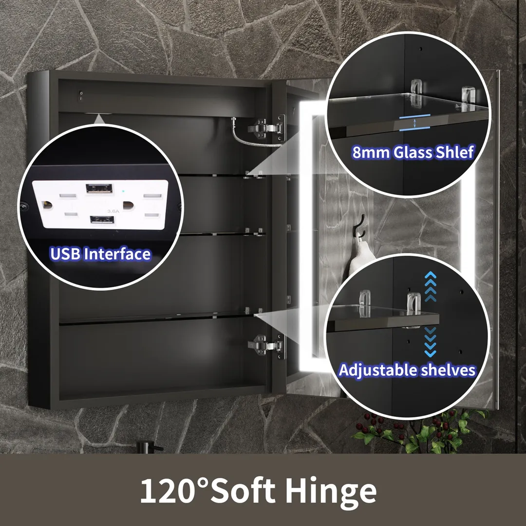 ExBrite 24-in x 30-in Lighted LED Fog Free Surface/Recessed Mount Matte Black Mirrored Soft Close Medicine Cabinet with Outlet, photo 7 of 9