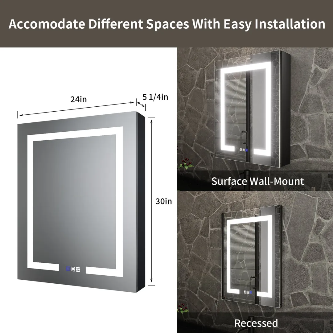 ExBrite 24-in x 30-in Lighted LED Fog Free Surface/Recessed Mount Matte Black Mirrored Soft Close Medicine Cabinet with Outlet, photo 2 of 9