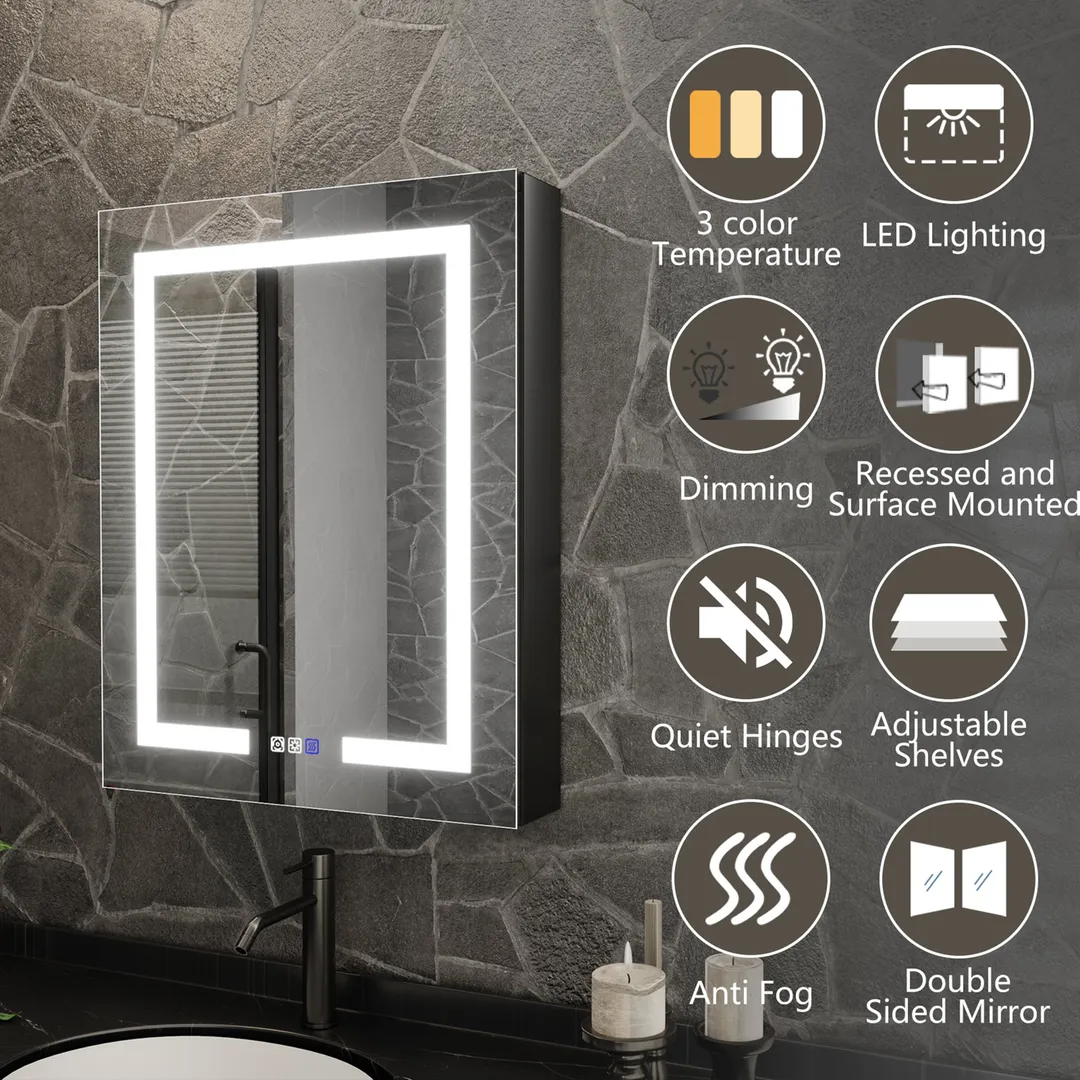 ExBrite 24-in x 30-in Lighted LED Fog Free Surface/Recessed Mount Matte Black Mirrored Soft Close Medicine Cabinet with Outlet, photo 3 of 9
