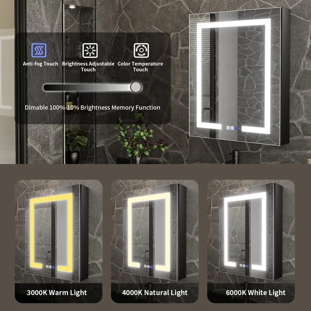 ExBrite 24-in x 30-in Lighted LED Fog Free Surface/Recessed Mount Matte Black Mirrored Soft Close Medicine Cabinet with Outlet, photo 4 of 9