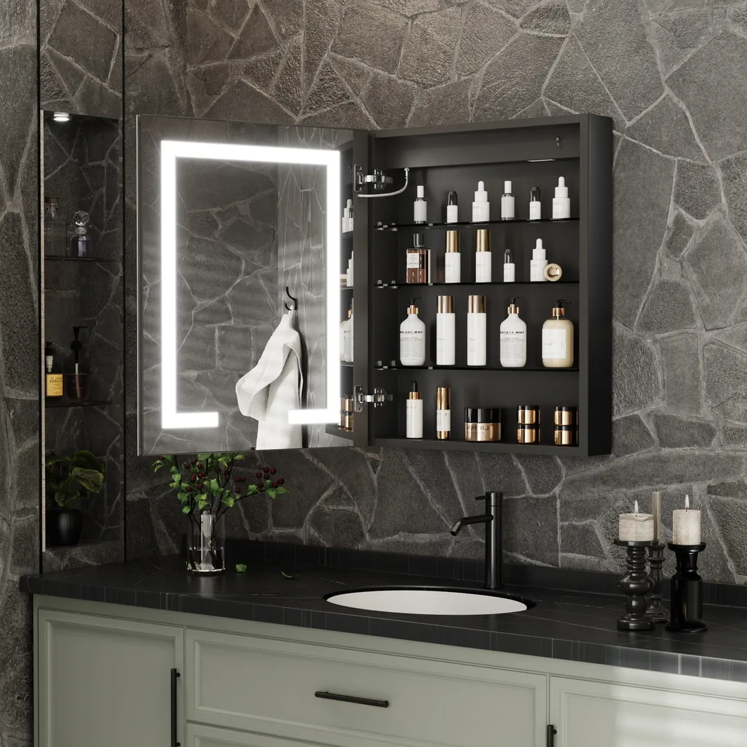 ExBrite 24-in x 30-in Lighted LED Fog Free Surface/Recessed Mount Matte Black Mirrored Soft Close Medicine Cabinet with Outlet, photo 6 of 9
