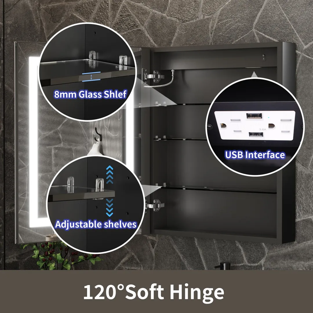 ExBrite 24-in x 30-in Lighted LED Fog Free Surface/Recessed Mount Matte Black Mirrored Soft Close Medicine Cabinet with Outlet, photo 7 of 9