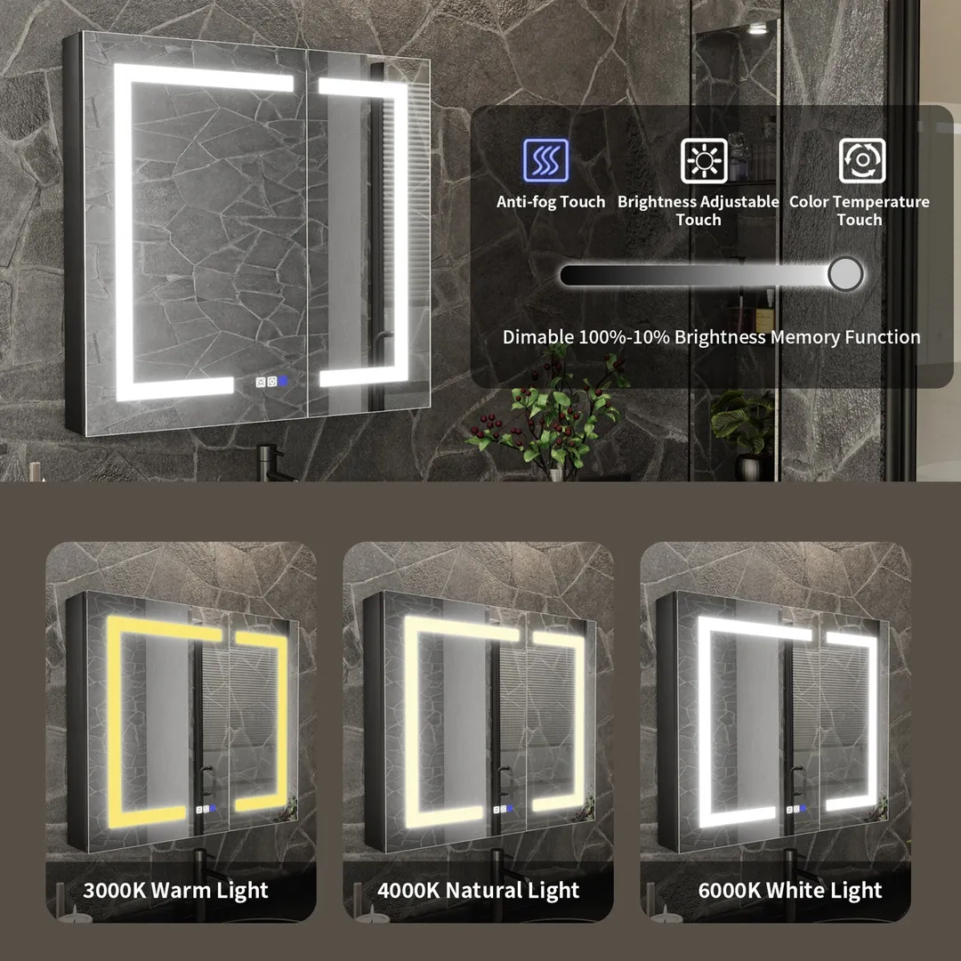 ExBrite 30-in x 30-in Lighted LED Fog Free Surface/Recessed Mount Matte Black Mirrored Soft Close Medicine Cabinet with Outlet, photo 4 of 9