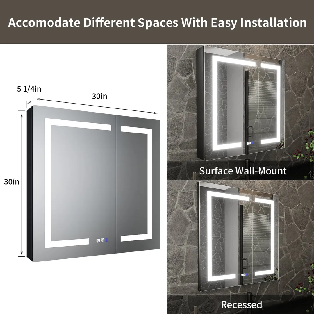 ExBrite 30-in x 30-in Lighted LED Fog Free Surface/Recessed Mount Matte Black Mirrored Soft Close Medicine Cabinet with Outlet, photo 2 of 9