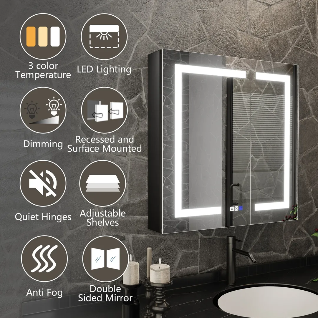 ExBrite 30-in x 30-in Lighted LED Fog Free Surface/Recessed Mount Matte Black Mirrored Soft Close Medicine Cabinet with Outlet, photo 3 of 9