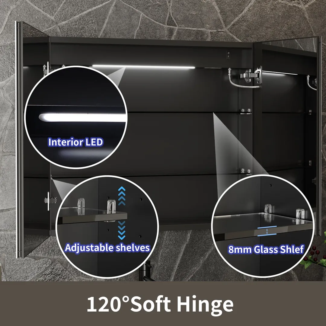 ExBrite 30-in x 30-in Lighted LED Fog Free Surface/Recessed Mount Matte Black Mirrored Soft Close Medicine Cabinet with Outlet, photo 7 of 9