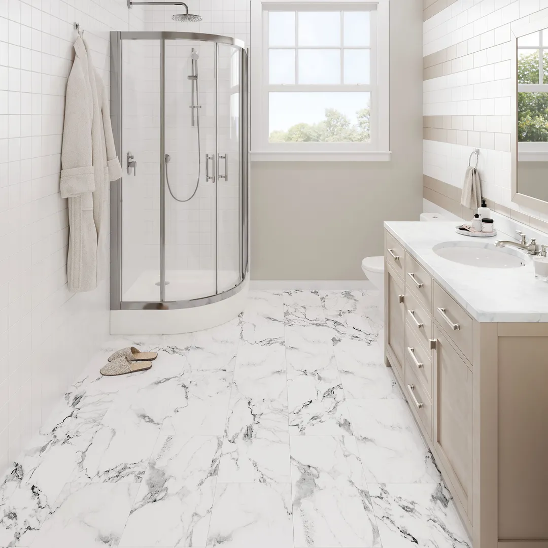 Lucida USA Calacatta White Marble Look 22-mil x 12-in W x 24-in L Waterproof Interlocking Luxury Vinyl Tile Flooring (16-sq ft/ Carton), photo 2 of 7
