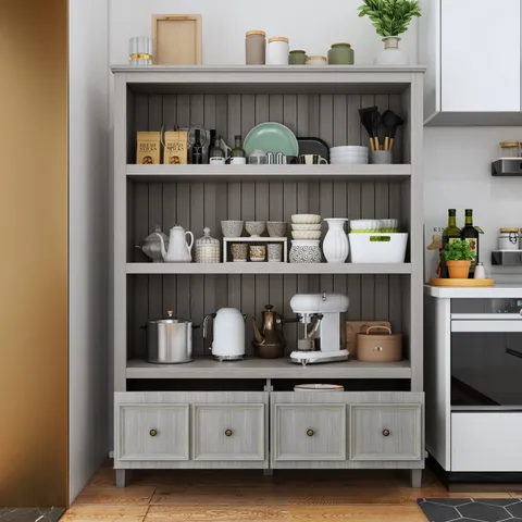 Rustic Gray Kitchen Pantry Cabinet with 3 Shelves and 4 Drawers - Country/Cottage Style