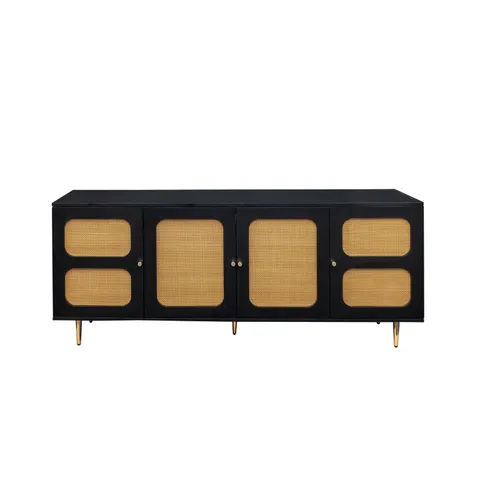 Black Farmhouse Sideboard Buffet Cabinet with 4 Rattan Doors
