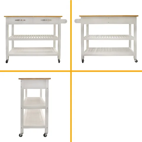 White Mdf Base with Wood Top Rolling Kitchen Island