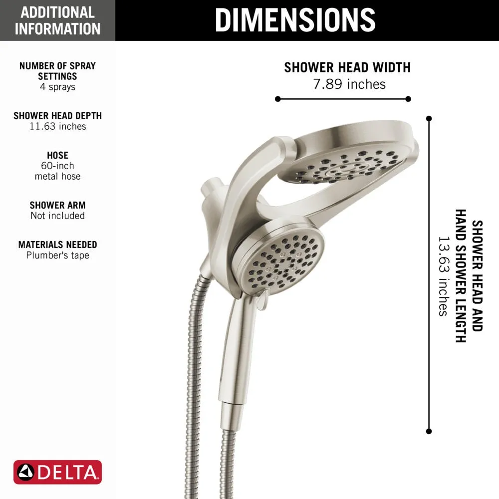 Delta HydroRain SpotShield Brushed Nickel 4-Spray Two-in-One Dual Shower Head, 2.5 GPM (9.5 LPM), 6-in Raincan, 60-in Hose, photo 3 of 8