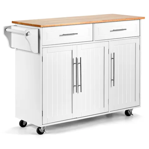 White Mdf Base with Mdf Wood Top Rolling Kitchen Cart
