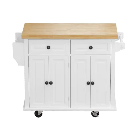 White Mdf Base with Wood Top Rolling Kitchen Cart