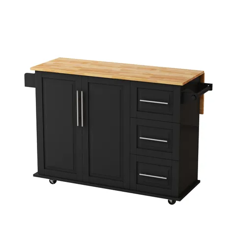Black Mdf Base with Mdf Wood Top Rolling Kitchen Cart