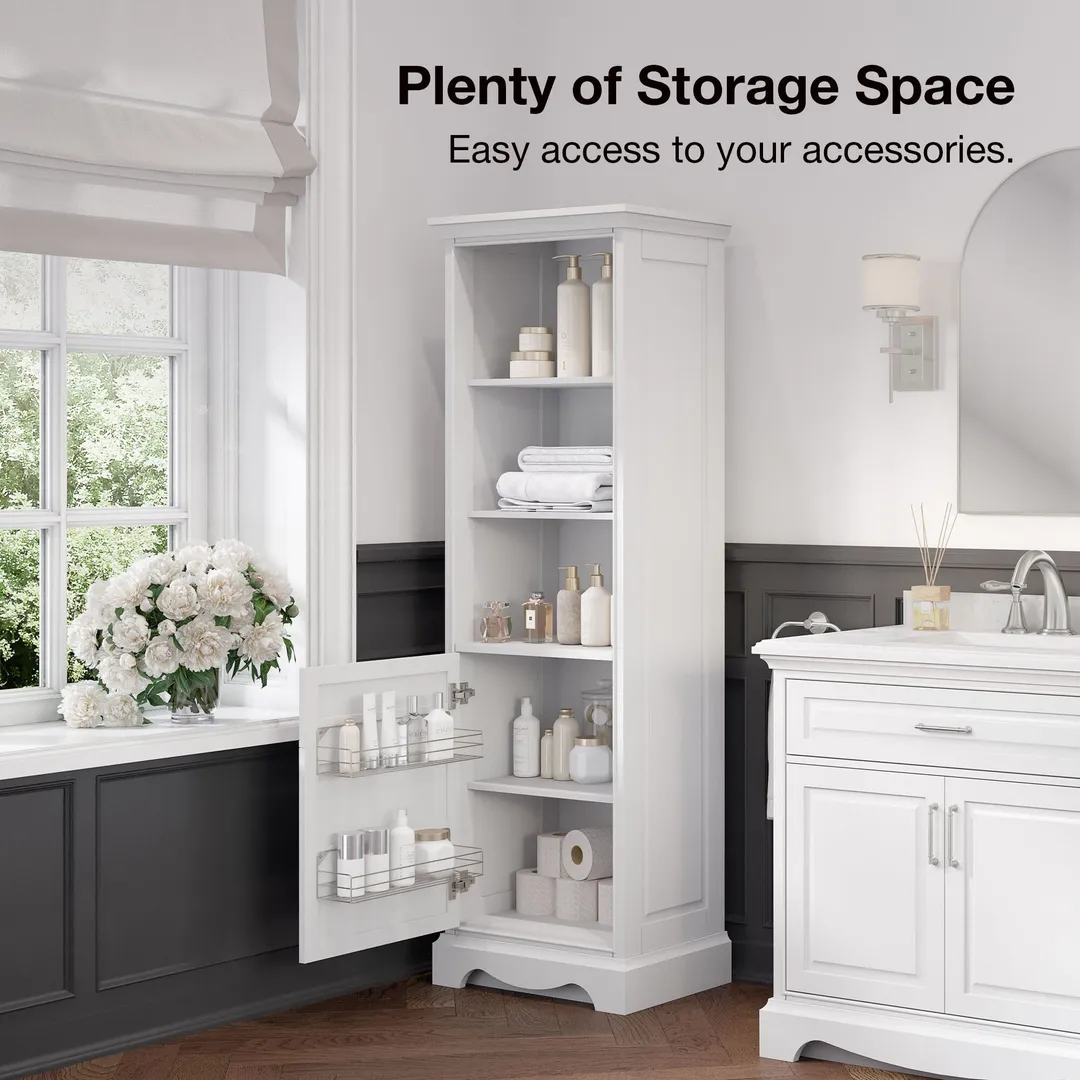 allen + roth Rutherfurd 24-in x 72-in x 15.98-in Swan White Wood Freestanding Soft Close Linen Cabinet, photo 4 of 14