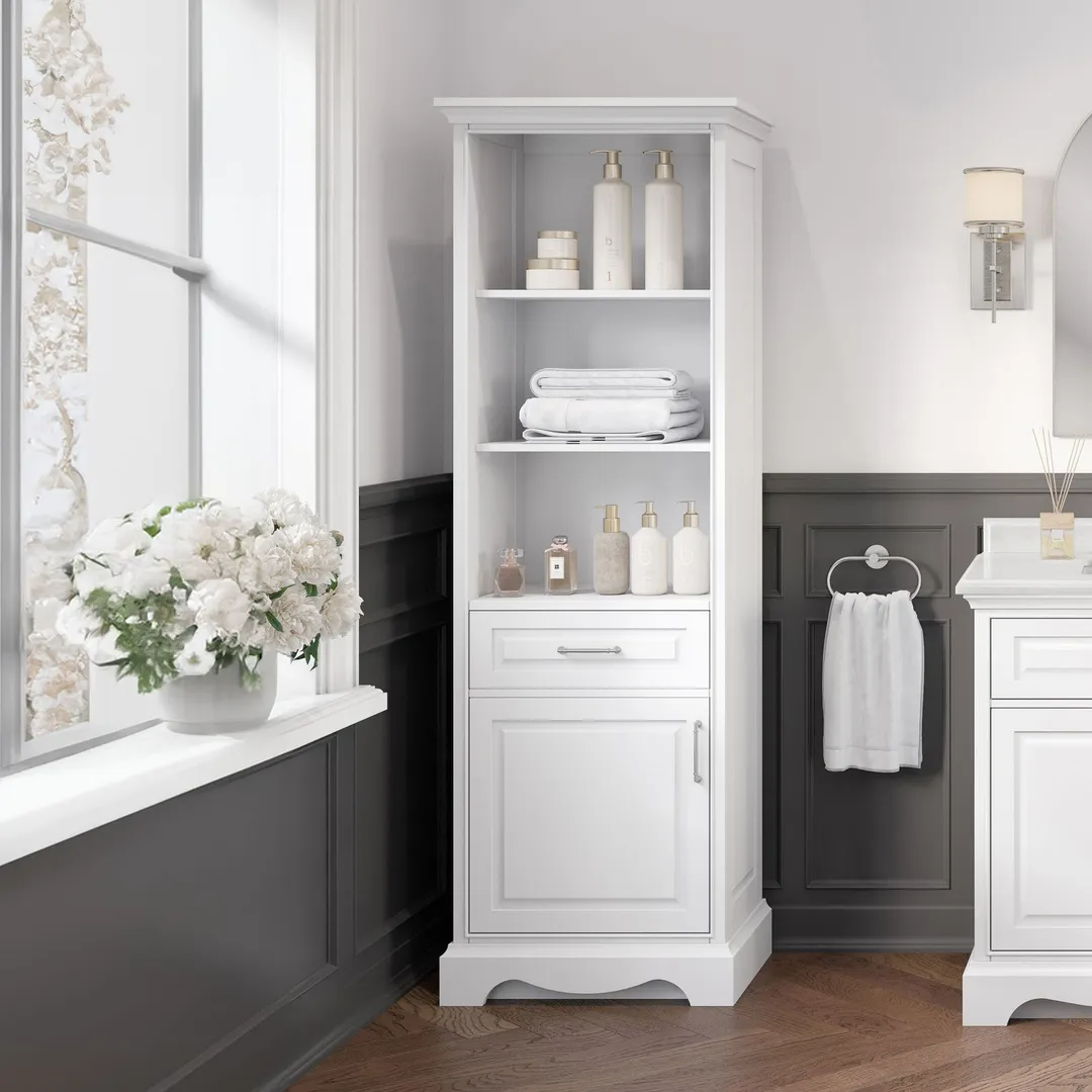 allen + roth Rutherfurd 24-in x 72-in x 15.98-in Swan White Wood Freestanding Soft Close Linen Cabinet, photo 2 of 14