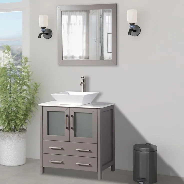 Ravenna 30 in. W x 18.5 in. D x 36 in. H Bathroom Vanity in Grey with Single Basin Top in White Ceramic and Mirror, photo 4 of 10
