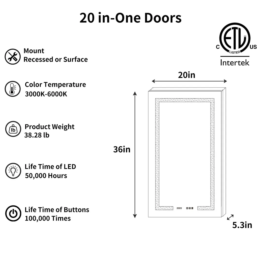 ExBrite Ethos 20-in x 36-in Lighted LED Fog Free Surface/Recessed Mount Silver Mirrored Soft Close Medicine Cabinet with Outlet, photo 3 of 21