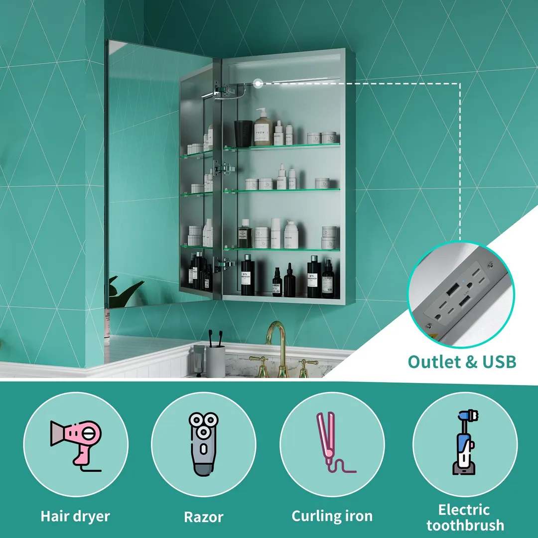 ExBrite Ethos 20-in x 36-in Lighted LED Fog Free Surface/Recessed Mount Silver Mirrored Soft Close Medicine Cabinet with Outlet, photo 10 of 21