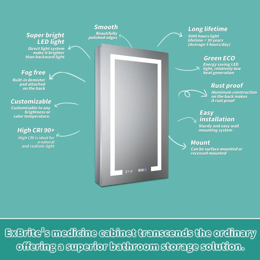 ExBrite Ethos 20-in x 36-in Lighted LED Fog Free Surface/Recessed Mount Silver Mirrored Soft Close Medicine Cabinet with Outlet, photo 12 of 21