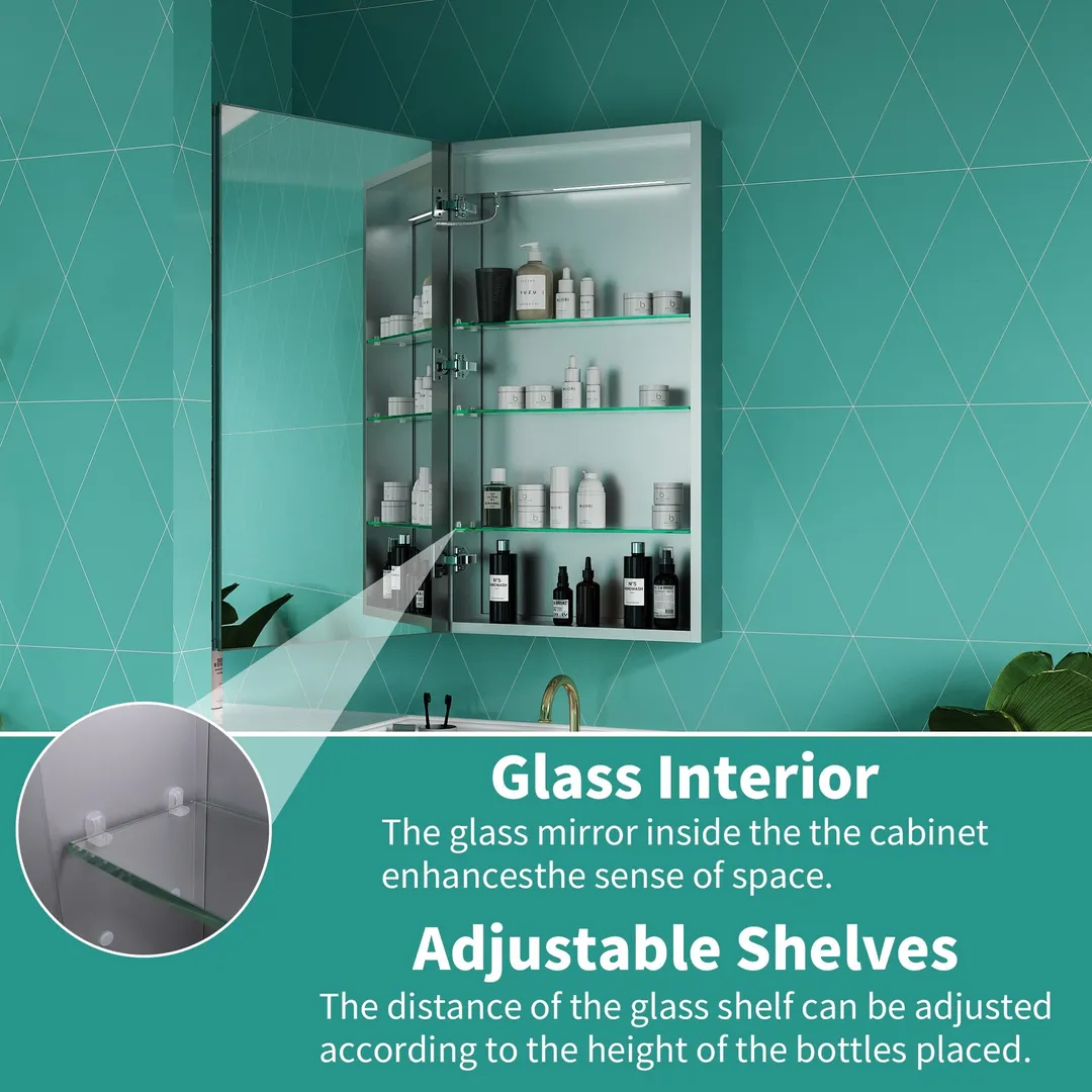 ExBrite Ethos 20-in x 36-in Lighted LED Fog Free Surface/Recessed Mount Silver Mirrored Soft Close Medicine Cabinet with Outlet, photo 7 of 21