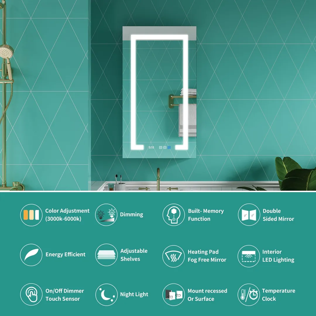 ExBrite Ethos 20-in x 36-in Lighted LED Fog Free Surface/Recessed Mount Silver Mirrored Soft Close Medicine Cabinet with Outlet, photo 4 of 21
