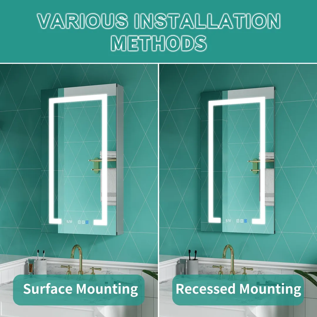 ExBrite Ethos 20-in x 36-in Lighted LED Fog Free Surface/Recessed Mount Silver Mirrored Soft Close Medicine Cabinet with Outlet, photo 15 of 21
