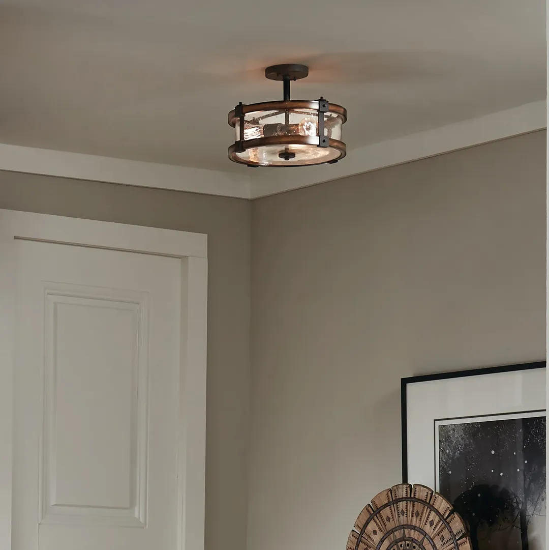 Kichler Barrington 14.75-in Distressed Black and Wood Tone Rustic Semi-Flush Mount Light, 3-Light, photo 10 of 14