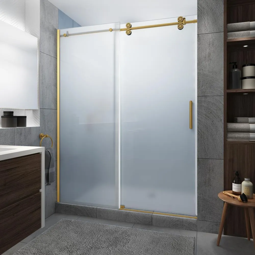 Langham XL 68 - 72 in. x 80 in. Frameless Sliding Shower Door with Ultra-Bright Frosted Glass in Stainless Steel, photo 15 of 22