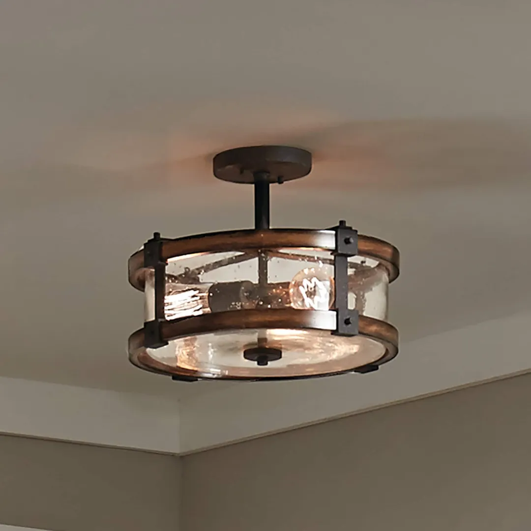 Kichler Barrington 14.75-in Distressed Black and Wood Tone Rustic Semi-Flush Mount Light, 3-Light, photo 7 of 14