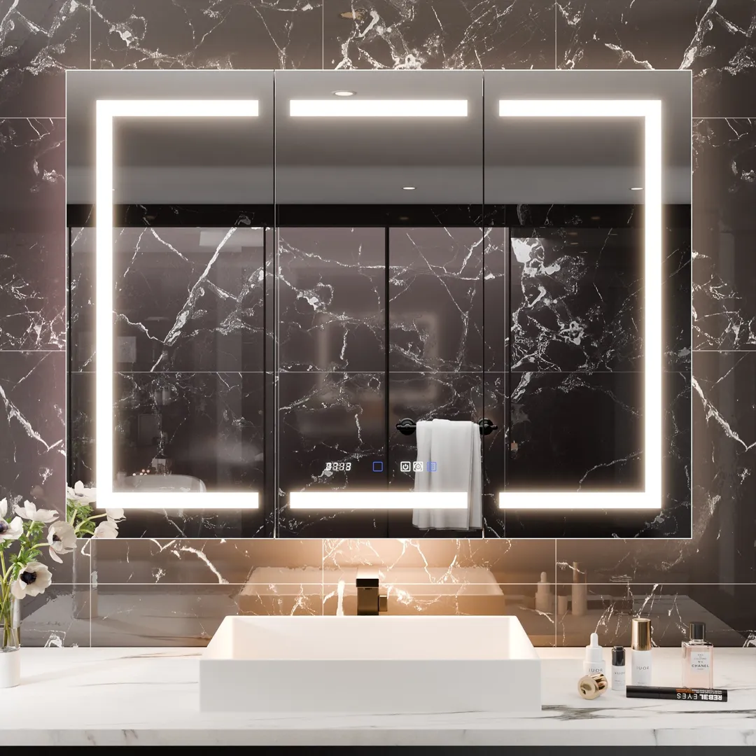 AAZJ EX11 48-in x 36-in Lighted LED Fog Free Surface/Recessed Mount Silver Mirrored Soft Close Medicine Cabinet with Outlet, photo 3 of 12