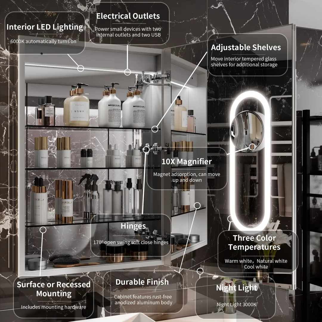 AAZJ EX11 24-in x 36-in Lighted LED Fog Free Surface/Recessed Mount Silver Mirrored Soft Close Medicine Cabinet with Outlet, photo 5 of 12