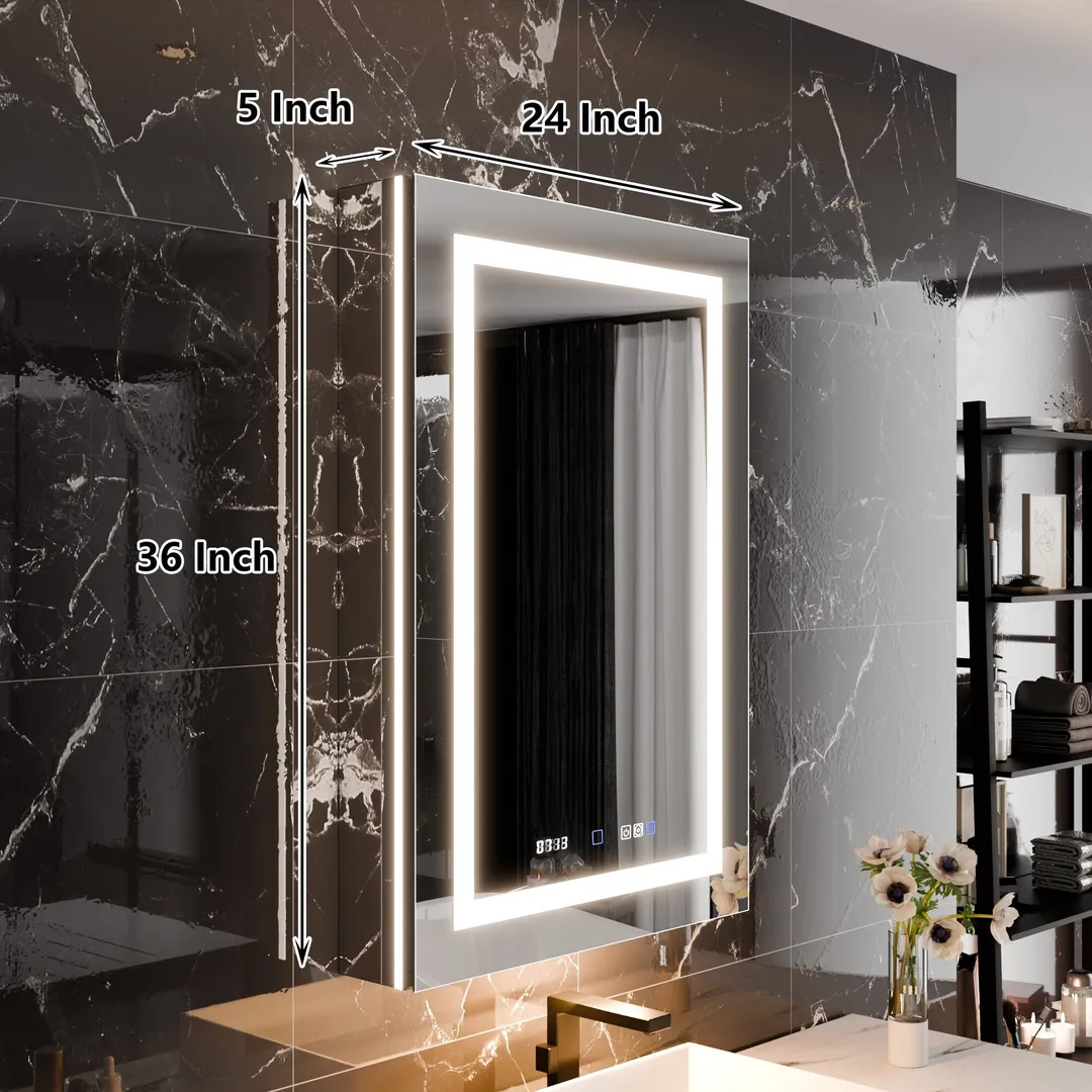 AAZJ EX11 24-in x 36-in Lighted LED Fog Free Surface/Recessed Mount Silver Mirrored Soft Close Medicine Cabinet with Outlet, photo 4 of 12